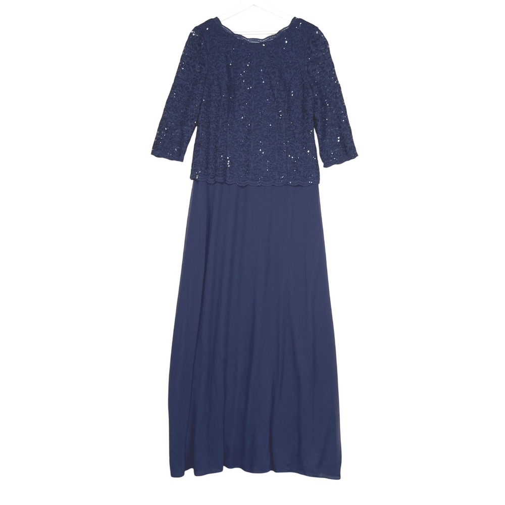 Alex Evening Navy Blue Lace Sequin Maxi Formal Gown Women 16 Mother of the Bride